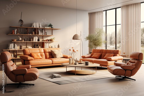 Interior of modern living room with brown leather sofa 3D rendering