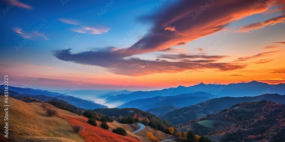 Incredible mountain landscape with marvelous clouds and blue mountains at dawn. AI Generation 