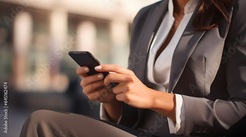 Businesswoman in formal attire. She is happy and cheerful while using smartphones and working. Young businesswoman using apps on cell phones, reading news, fast connection.