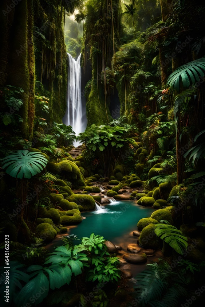 A lush tropical rainforest with tall trees, colorful plants, and a waterfall
