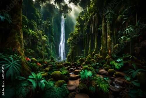 A lush tropical rainforest with tall trees  colorful plants  and a waterfall