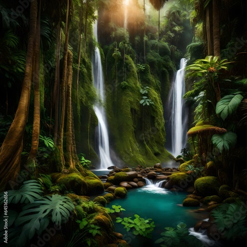 A lush tropical rainforest with tall trees  colorful plants  and a waterfall