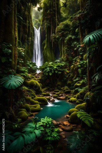 A lush tropical rainforest with tall trees  colorful plants  and a waterfall