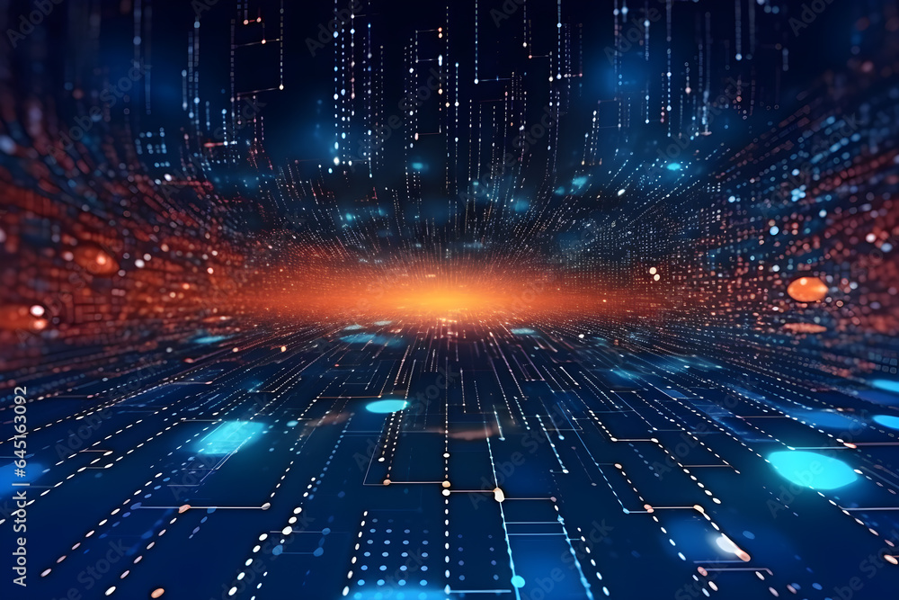 Obraz premium Digital technology internet network connection blue red background, cyber information, abstract speed connect communication, innovation future meta tech, metaverse neon, Ai big data, Generative AI.