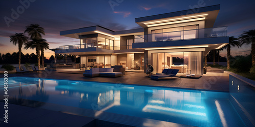 3d rendering of modern house and a sweeming pool at night © Umair
