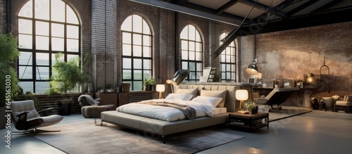Photograph of a contemporary bedroom in a loft with a spacious bed.