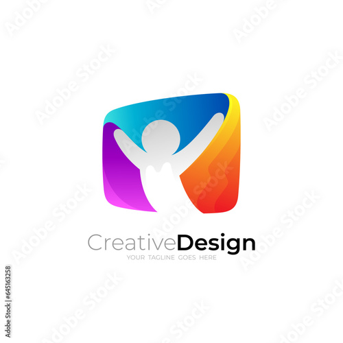 Square logo and people care design combination, 3d colorful