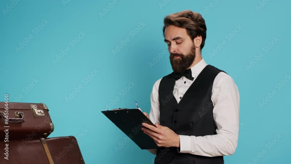 Bellboy reading checklist of guests, holding ledger or register on clipboard to verify list of travellers arriving at hotel. Staff checking reservations in official catalogue to keep evidence. Bellboy reading checklist of guests, holding ledger or register on clipboard to verify list of travellers arriving at hotel. Staff checking reservations in official catalogue to keep evidence.