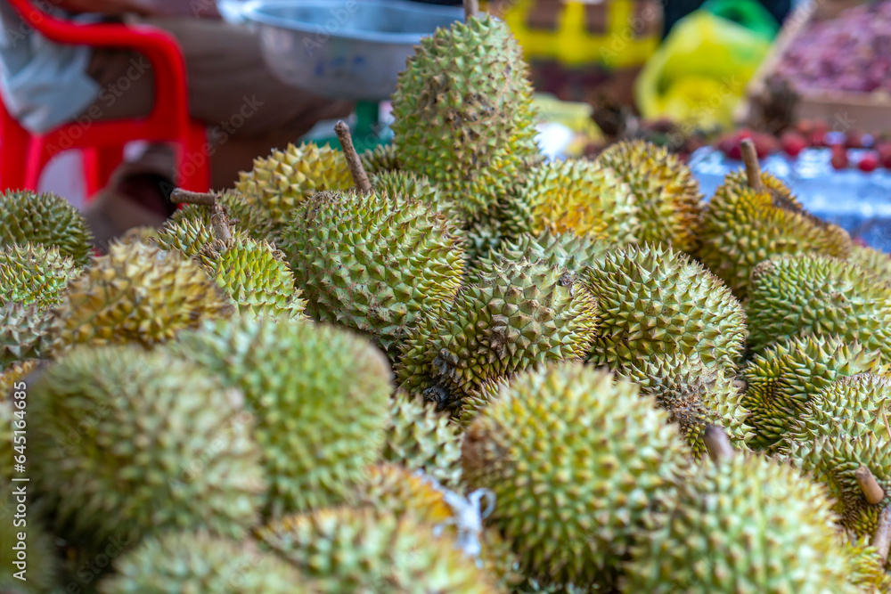 Durians fruit for sale at the market, Vietnam fruit, specialty from Cai Lay region, Tien Giang Durians fruit for sale at the market, Vietnam fruit, specialty from Cai Lay region, Tien Giang