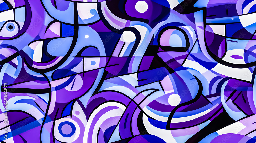 Seamless purple and blue lined pattern space elements emphasizes fading patterns on dark blue color background.