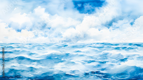 Watercolor style image of sky and sea waves in blue tones.