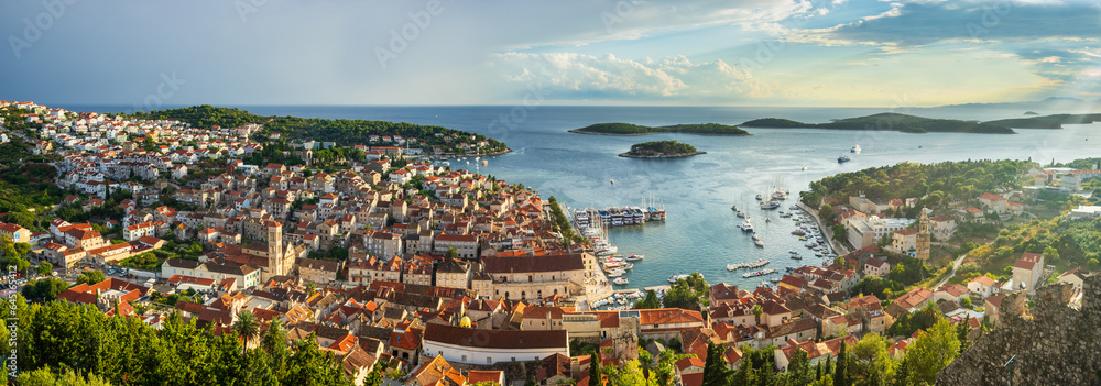 Island of Hvar aerial panoramic view, Dalmatia, Croatia