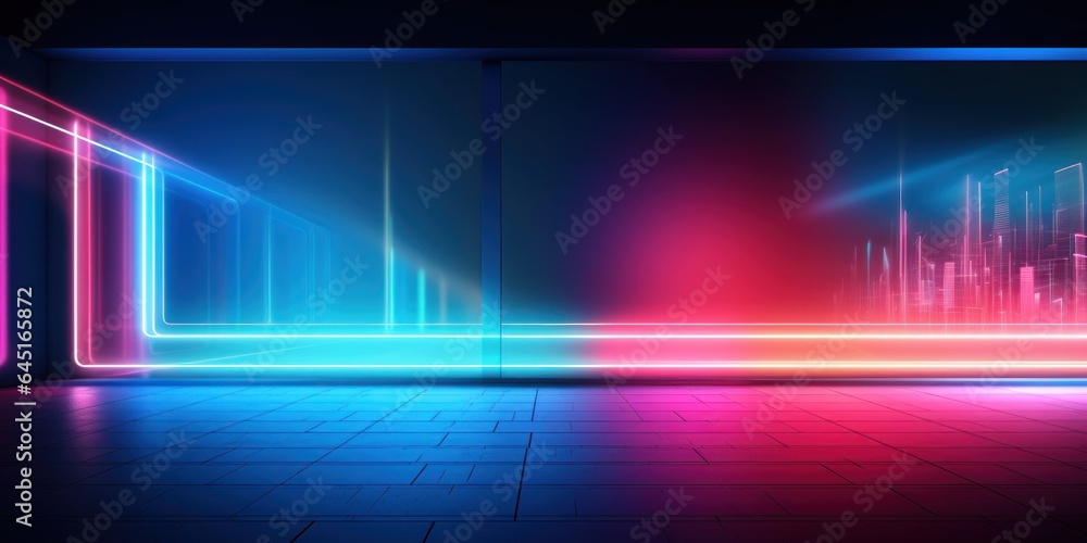 Obraz premium In a dark empty room, a window with neon reflections and an abstract city. AI Generation 
