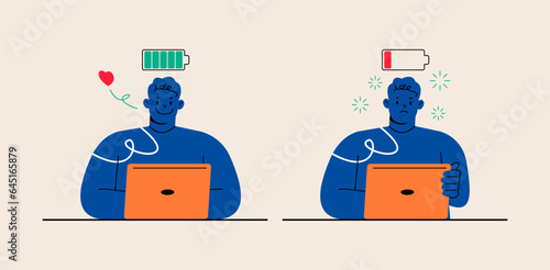 Male sitting at the table with full and low battery. Burnout concept. Colorful vector illustration