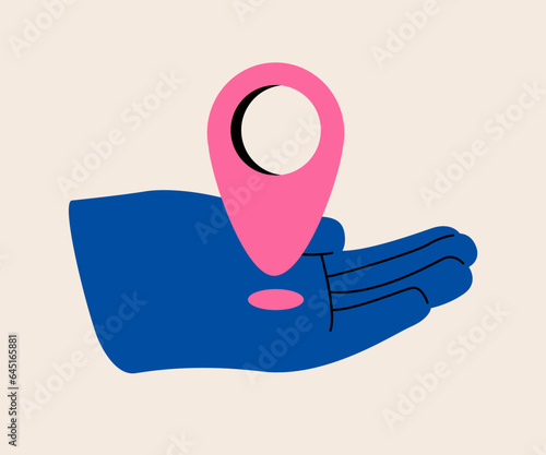 Pin point, location marker in hand icon. Map pointer. position search concept. Colorful vector illustration