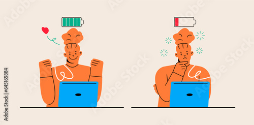 Female sitting at the table with full and low battery. Burnout concept. Colorful vector illustration