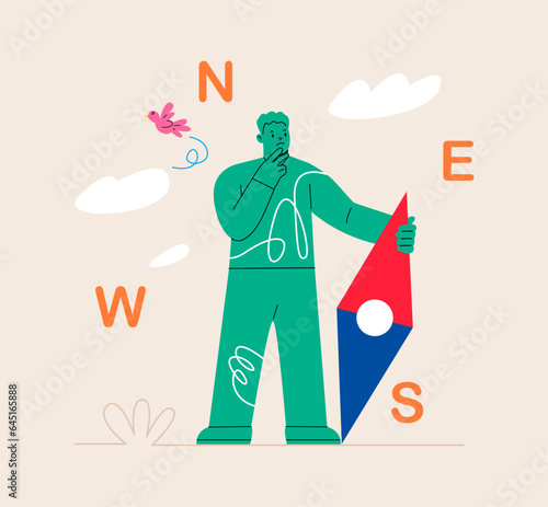 Frustrated man holding broken compass lost direction finding way to go. Colorful vector illustration