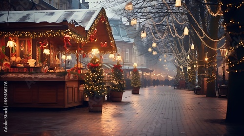 Christmas trees and decorations adorning a shop front at a winter street market