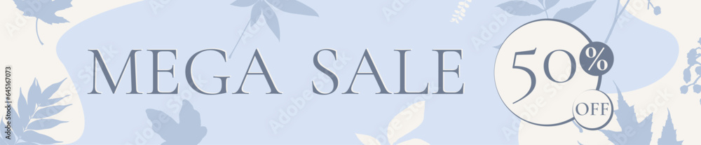 Modern sale banner background template with leaves, mega sale 50% off Modern sale banner background template with leaves, mega sale 50% off