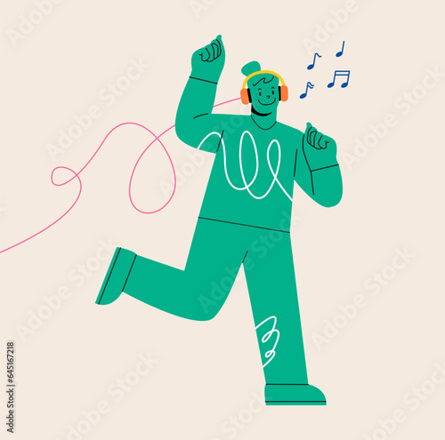 Woman listening to music on headphones music. Colorful vector illustration