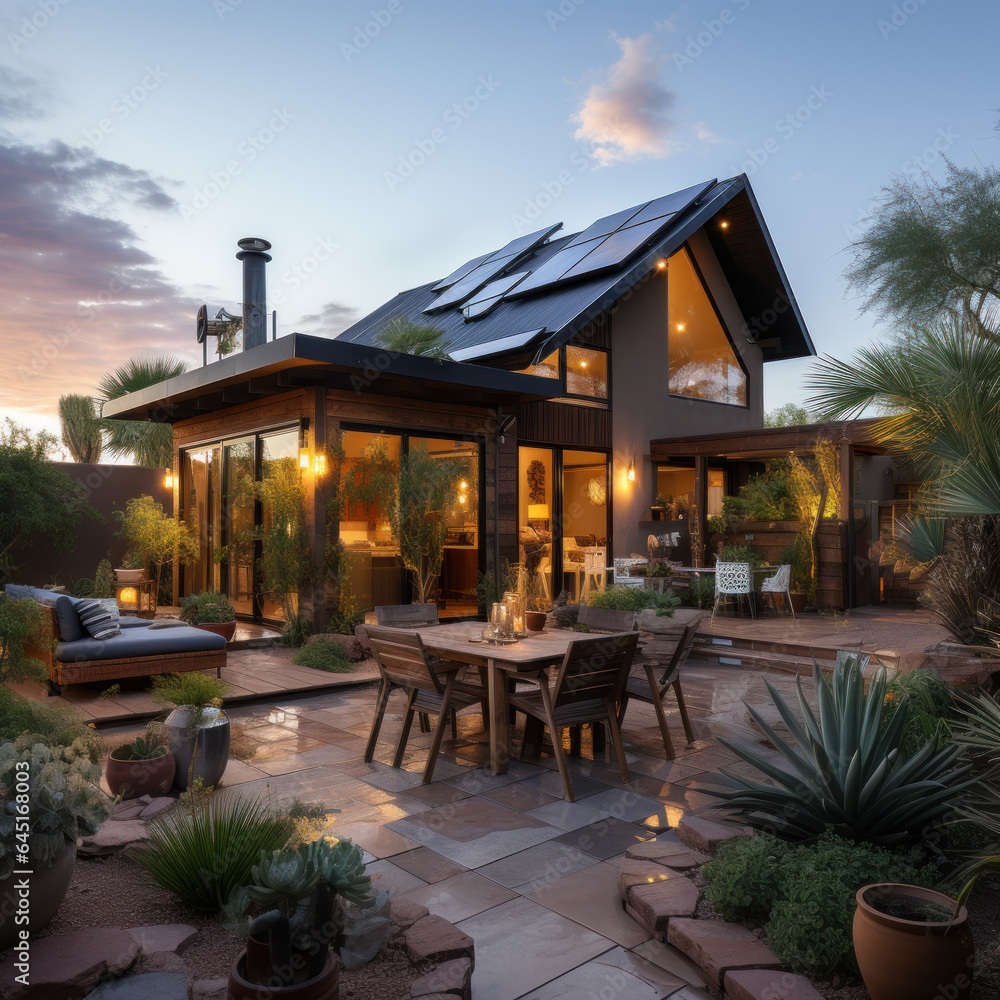  A modern bungalow with a desert and a solar 
