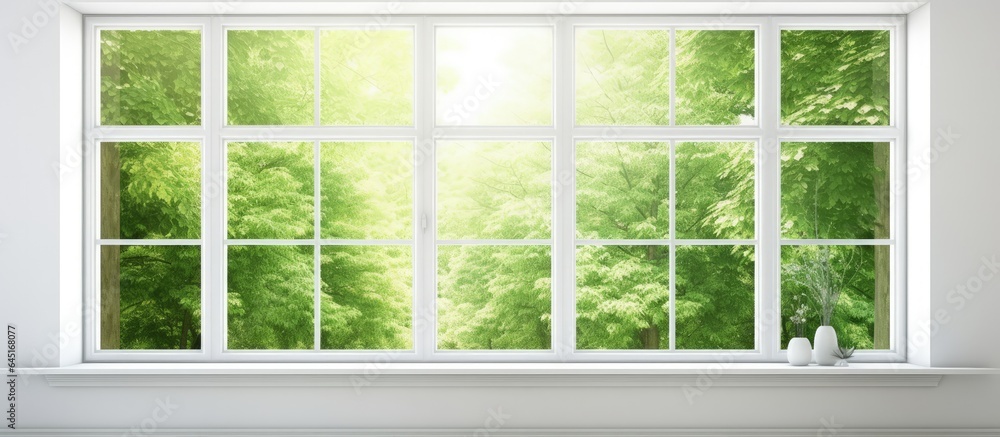 Scandinavian interior design with green landscape visible through window in white room. Scandinavian interior design with green landscape visible through window in white room.