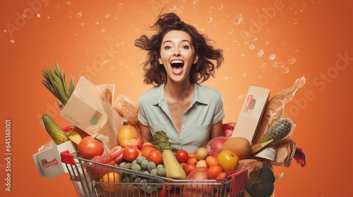 An Excited and happy girl dark haired shopper inside sephora store front view. Young woman sits on a grocery cart full of groceries, fruits and vegetables. Photo realistic on pastel orange background photo