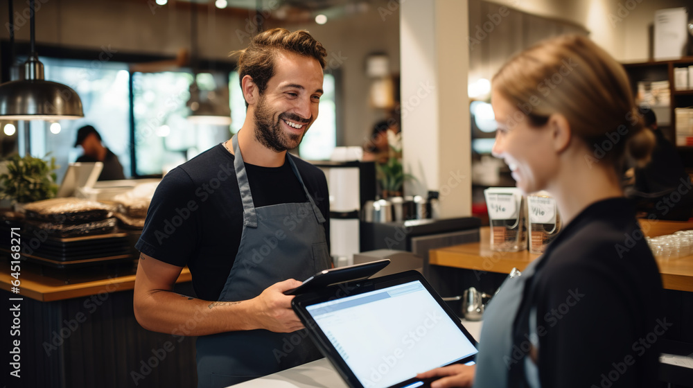 A Take stylish photos of the male cashier. The point of sale and taking orders from women purposely uses bright colors and emphasizes the technological innovation of the cashier system. A Take stylish photos of the male cashier. The point of sale and taking orders from women purposely uses bright colors and emphasizes the technological innovation of the cashier system.