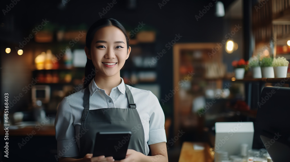 A Portrait of young asian female cashier, merchant uses touchpad to accept customer payments, small business cafe cafeteria, atmospheric shot of cashier working in store - obrazy, fototapety, plakaty 