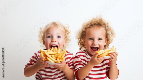 Children eating french fries or potato chips.