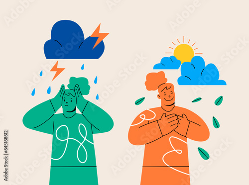 Woman in bad and good mood. Girl in stress of premenstrual syndrome and calm state of mind. Colorful vector illustration