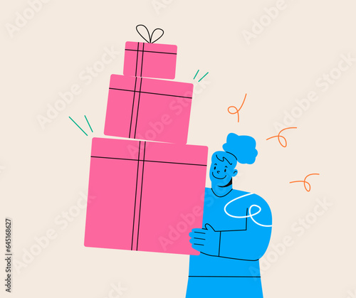 Woman received present with love, holding a pile of presents in the boxes, Surprised. Colorful vector illustration