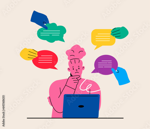 Female employee worried with bad comments at work. Job stress concept. Colorful vector illustration