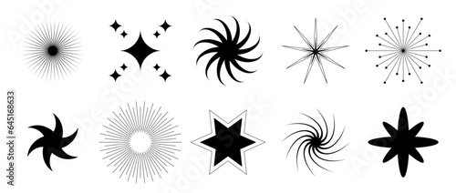 Black blinks and twinkles collection. Different retro bling stars set. Abstract starburst shine shape pack. Design elements for poster, banner, tag, card, icon, label, collage, sticker. Vector bundle