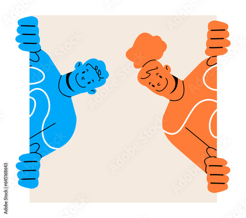 Happy man and woman opening gift box together. Person receiving birthday surprise and rejoicing. Colorful vector illustration