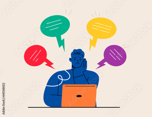Male employee worried with bad comments at work. Job stress concept. Colorful vector illustration