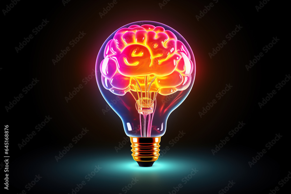 Image of human brain inside colorful abstract light bulb. Illustration, Generative AI. Image of human brain inside colorful abstract light bulb. Illustration, Generative AI.