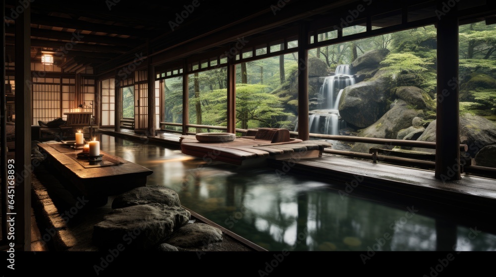 Japanese Hot Springs Onsen Natural Bath onsen ryokan. A small waterfall outside. Japanese open-air baths using hot water from geothermally heated springs. Traditional style architecture ryokan. Japanese Hot Springs Onsen Natural Bath onsen ryokan. A small waterfall outside. Japanese open-air baths using hot water from geothermally heated springs. Traditional style architecture ryokan.