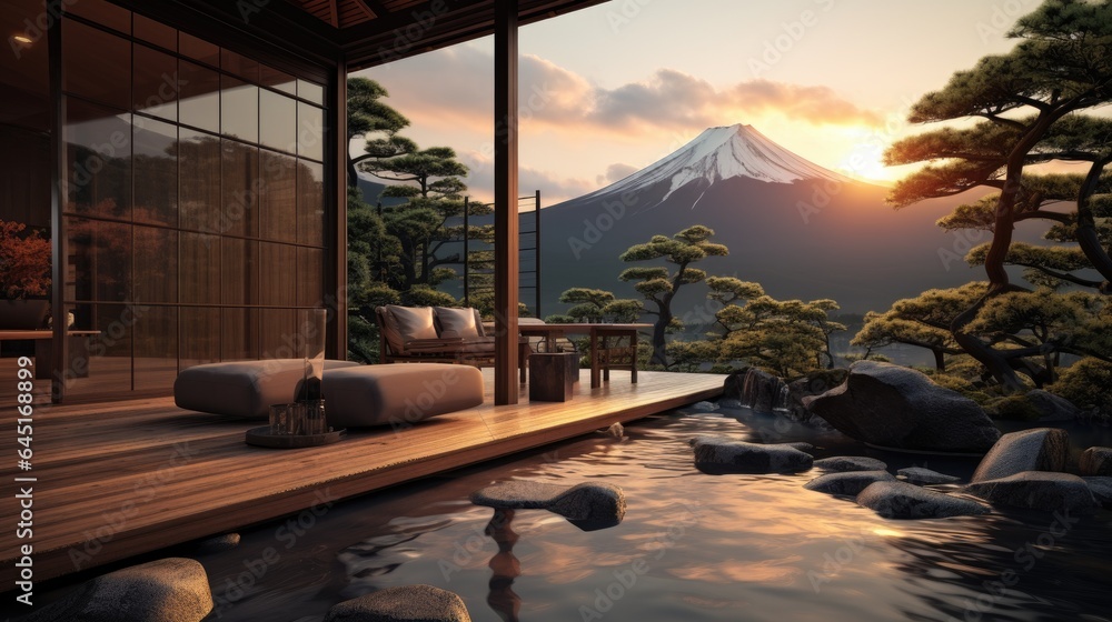 Fototapeta premium Japanese Hot Springs Onsen Natural Bath onsen ryokan. A small waterfall outside. Japanese open-air baths using hot water from geothermally heated springs. Traditional style architecture ryokan.