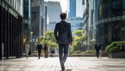 スーツを着ているアジア人が、昼間のビジネス街を颯爽と歩いている後ろ姿　全身が映っている photo