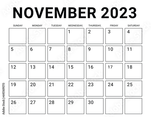 November 2023 Blank Modern Monthly Calendar Template Grid