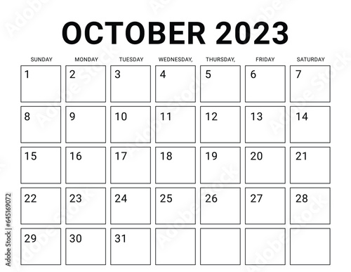 October 2023 Blank Modern Monthly Calendar Template Grid