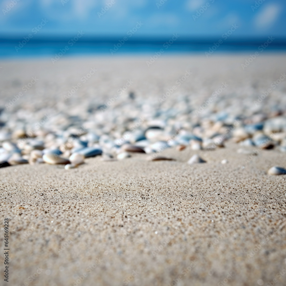 Seashells and pebbles on the sandy beach with blurred beach and blue sky background. High quality photo Seashells and pebbles on the sandy beach with blurred beach and blue sky background. High quality photo