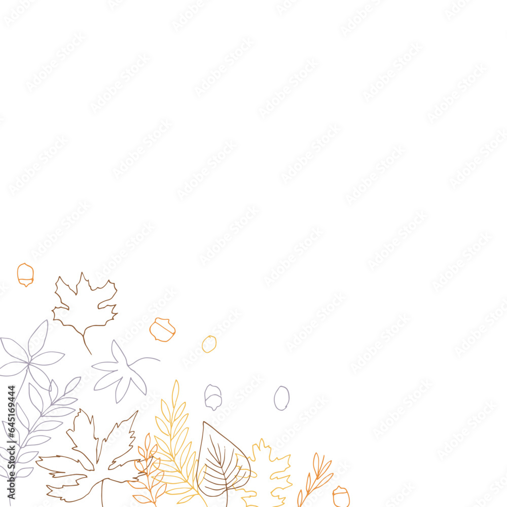 線画。秋の植物のベクターイラスト。秋の葉っぱと木の実イラスト。季節のカードデザイン。Line drawing. Autumn plants vector illustration. Autumn leaves and nuts illustration. Seasonal card design.