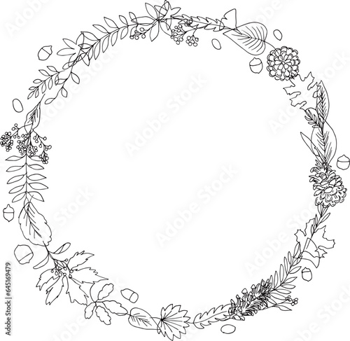 線画。秋の植物のベクターイラスト。秋の葉っぱと木の実イラスト。季節のカードデザイン。Line drawing. Autumn plants vector illustration. Autumn leaves and nuts illustration. Seasonal card design.