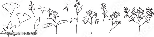 線画。秋の植物のベクターイラスト。秋の葉っぱと木の実イラスト。季節のカードデザイン。Line drawing. Autumn plants vector illustration. Autumn leaves and nuts illustration. Seasonal card design.