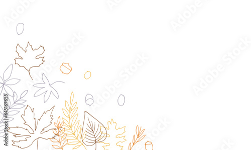 線画。秋の植物のベクターイラスト。秋の葉っぱと木の実イラスト。季節のカードデザイン。Line drawing. Autumn plants vector illustration. Autumn leaves and nuts illustration. Seasonal card design.