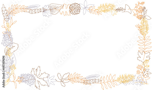 線画。秋の植物のベクターイラスト。秋の葉っぱと木の実イラスト。季節のカードデザイン。Line drawing. Autumn plants vector illustration. Autumn leaves and nuts illustration. Seasonal card design.
