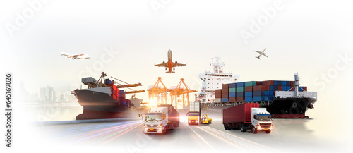 Global business logistics import export of containers cargo freight ship loading at port by crane, container transport, cargo plane, truck to port background