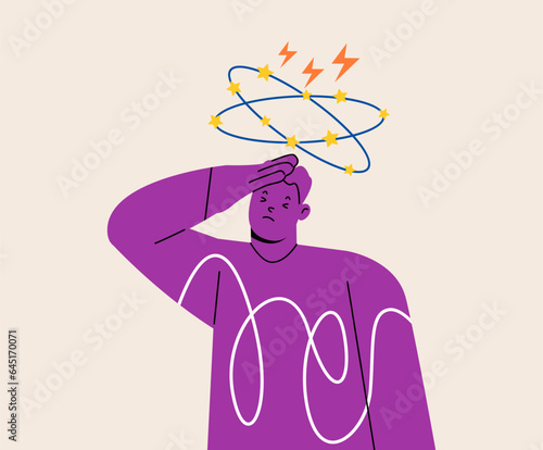Sad man having dizzy symptoms.  Dizziness concept. Colorful vector illustration